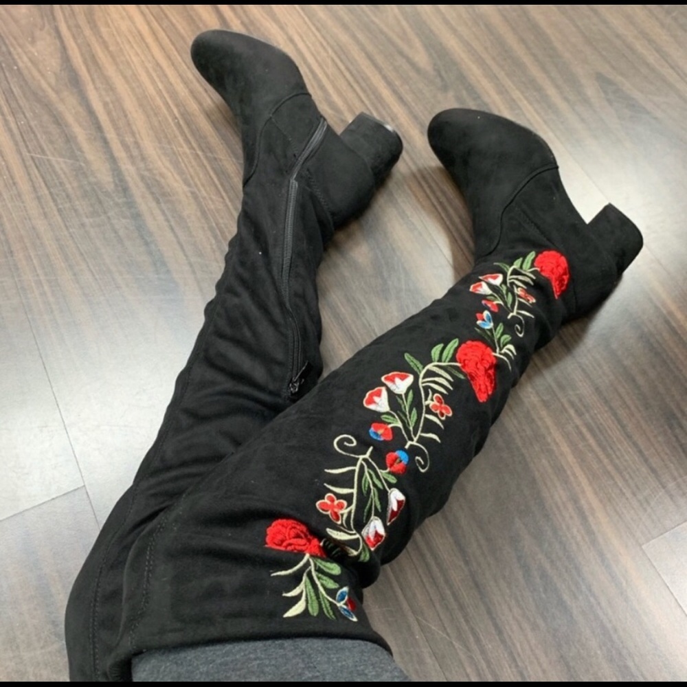 Floral Black Knee High Boots